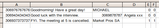 CSV file in a sreadsheet with contacts and messages ready to be sent. CSV file in a sreadsheet with contacts and messages ready to be sent.